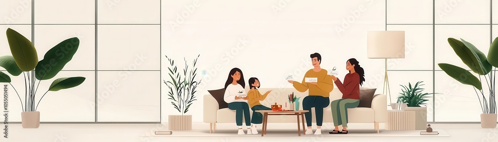 New Year 2025, family gathered to discuss resolutions and embrace a fresh start, cozy living room, flat design illustration New Year 2025, family gathered to discuss resolutions and embrace a fresh start, cozy living room, flat design illustration