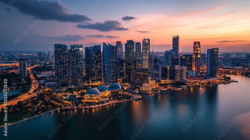 Obraz premium Twilight Reflections: Aerial View of Modern City by Water with Sustainable Development Zones