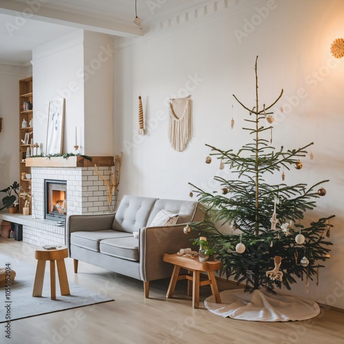 Minimalist Christmas tree with white ornaments in cozy living room with fireplace and beige decor. Scandinavian-inspired holiday interior. Christmas decoration concept. Design for greeting card, wallp photo