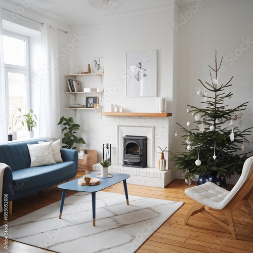 Minimalist Christmas tree with white ornaments in Scandinavian-style living room with white and blue furniture. Winter holiday home decoration. Christmas decoration concept. Design for greeting card, 