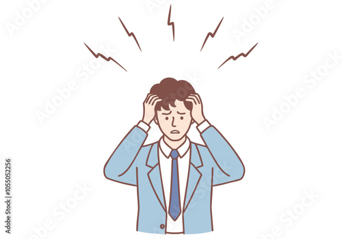 A young businessman is stressed, his hands on his head. Hand drawn style vector design illustrations.