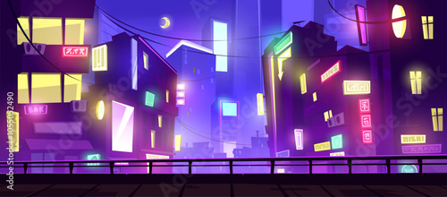 Vibrant night cityscape with neon glowing buildings. Colorful signs illuminate with purple downtown street. Crescent moon among tower buildings. glowing windows in diverse architectural shapes.