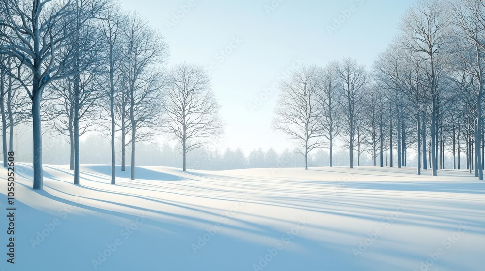 White snowcovered fields with a distant forest, soft winter sunlight casting long shadows, flat design illustration White snowcovered fields with a distant forest, soft winter sunlight casting long shadows, flat design illustration