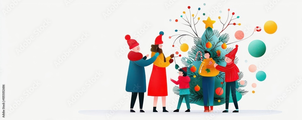 Winter holidays with family reuniting around a decorated Christmas tree, happy moments and laughter, flat design illustration Winter holidays with family reuniting around a decorated Christmas tree, happy moments and laughter, flat design illustration