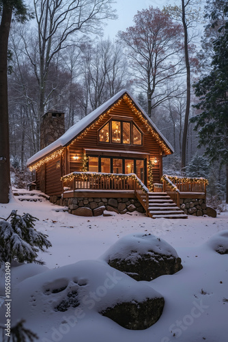 A cozy cabin nestled in a snowy forest, adorned with festive Christmas lights