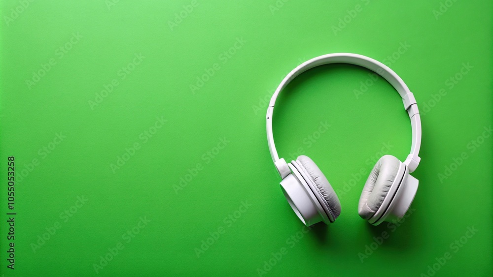 White headphones on green background, panoramic shot White headphones on green background, panoramic shot