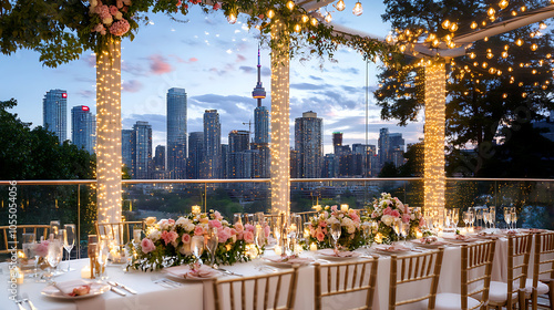 Wallpaper Mural Elegant rooftop wedding venue with city skyline and fairy lights Torontodigital.ca