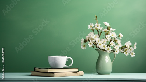 A cup of coffee and book with green background. World book day.