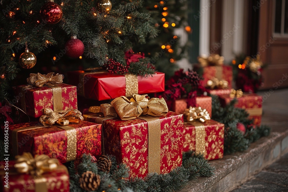 Classic gifts in red and gold boxes with big bows under a lush green Christmas tree
Classic gifts in red and gold boxes with big bows under a lush green Christmas tree
