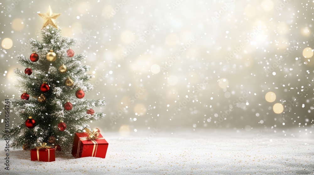 Decorated christmas tree with gifts, festive holiday scene of ornaments, lights, and cheer Decorated christmas tree with gifts, festive holiday scene of ornaments, lights, and cheer