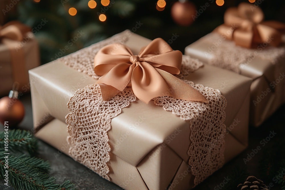 Gifts tied with laces and ribbons with bright bows on the background of a Christmas tree.
Gifts tied with laces and ribbons with bright bows on the background of a Christmas tree.