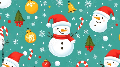 Cute and cheerful cartoon Christmas icons including snowmen bells and candy canes arranged in a festive pattern