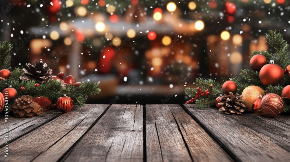 Christmas decor on rustic wooden table, festive ornaments, warm lighting, and holiday cheer Christmas decor on rustic wooden table, festive ornaments, warm lighting, and holiday cheer