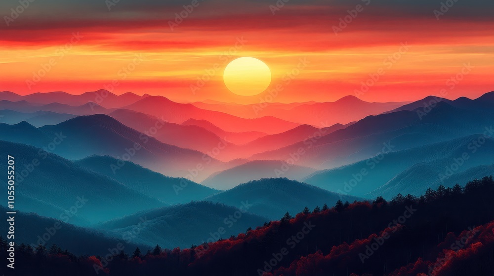 Serene sunset over layered mountains, creating a tranquil atmosphere. Serene sunset over layered mountains, creating a tranquil atmosphere.