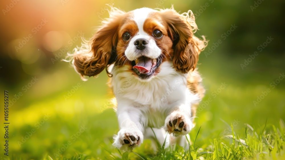 Happy Cavalier King Charles Spaniel Running in a Green Field Happy Cavalier King Charles Spaniel Running in a Green Field