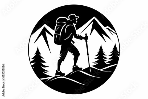 Hiker on Mountain Trail Silhouette Vector