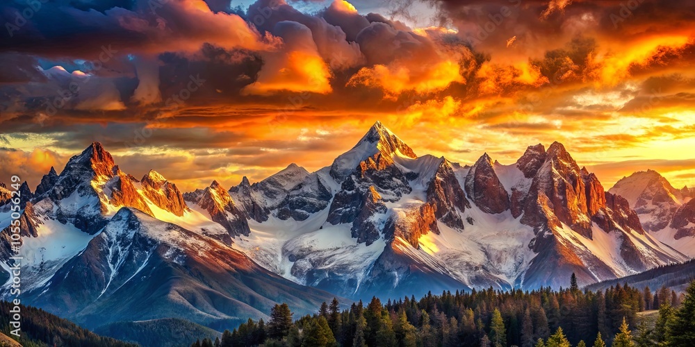 Obraz premium A majestic mountain range, illuminated by a fiery sunset, casting long shadows across the snow-covered peaks and the dense forest below.