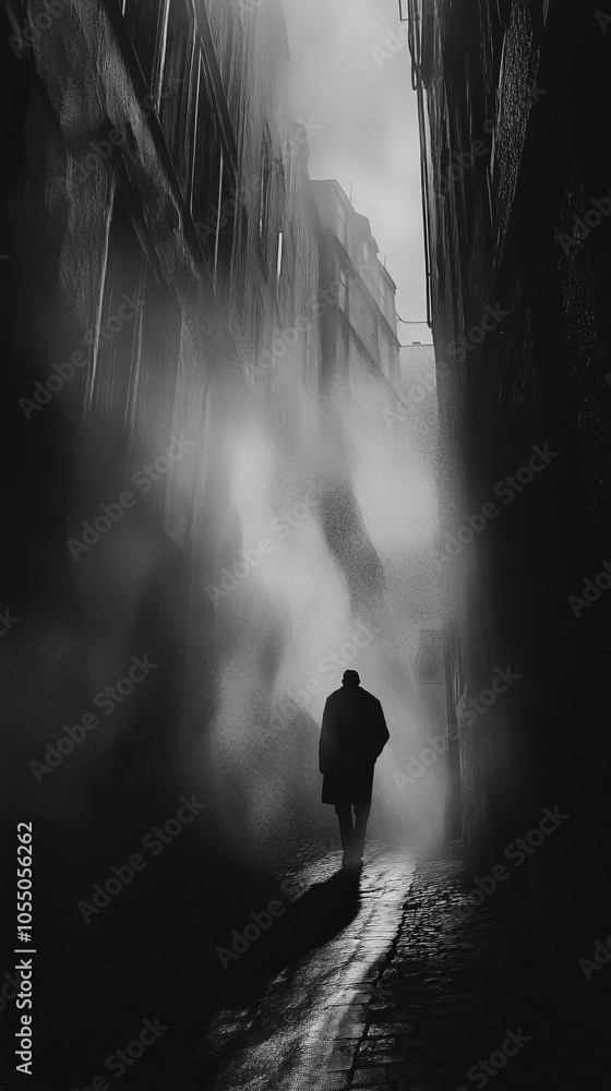 Fototapeta premium Abstract single person silhouette in black and white noir street scene watercolor charcoal light shadows negative space copy space mental health illness depression out of darkness loneliness concepts 