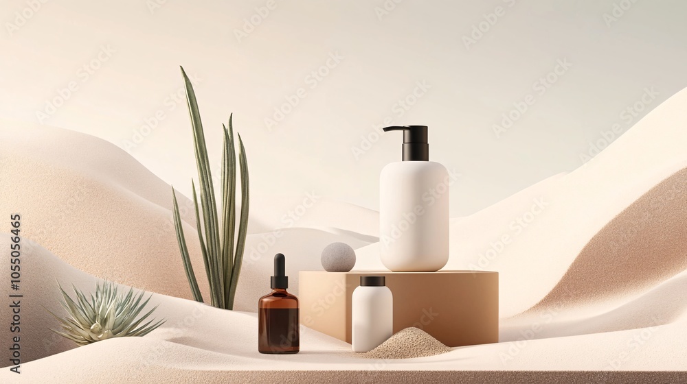 Minimalist Skincare Essentials in a Desert Landscape Minimalist Skincare Essentials in a Desert Landscape