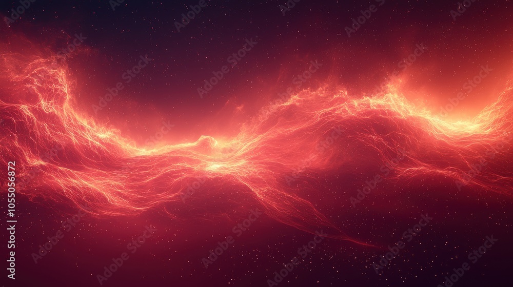 A vibrant cosmic display of fiery red and orange waves illuminating the dark expanse of space surrounding distant stars A vibrant cosmic display of fiery red and orange waves illuminating the dark expanse of space surrounding distant stars