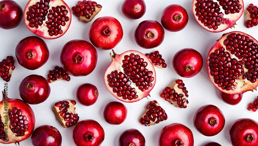 Close-up image of a large bunch of ripe pomegranates, arranged in a random pattern, and light shining through their skins