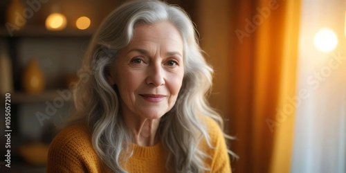 An elderly Caucasian woman with long gray hair, wearing a yellow sweater, smiling in front of a blurred background