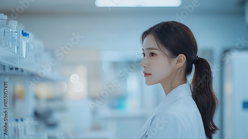 A Woman in a White Lab Coat Looking at Bottles on a Shelf in a Laboratory