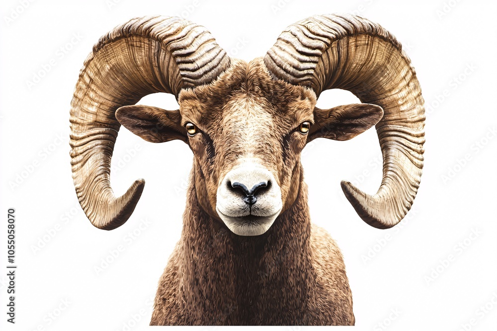 Front view illustration of a muscular ram with intricate horns, ideal for striking graphic design projects, isolated on a white background. Front view illustration of a muscular ram with intricate horns, ideal for striking graphic design projects, isolated on a white background.