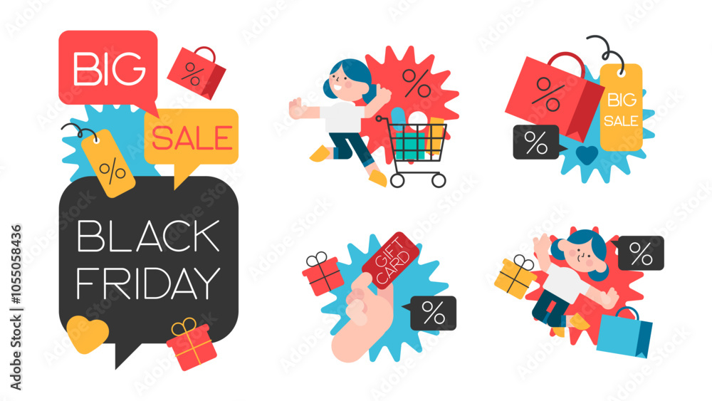 Fototapeta premium Black friday set. Shopping cart and bags with goods and presents.
