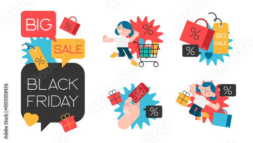 Black friday set. Shopping cart and bags with goods and presents.