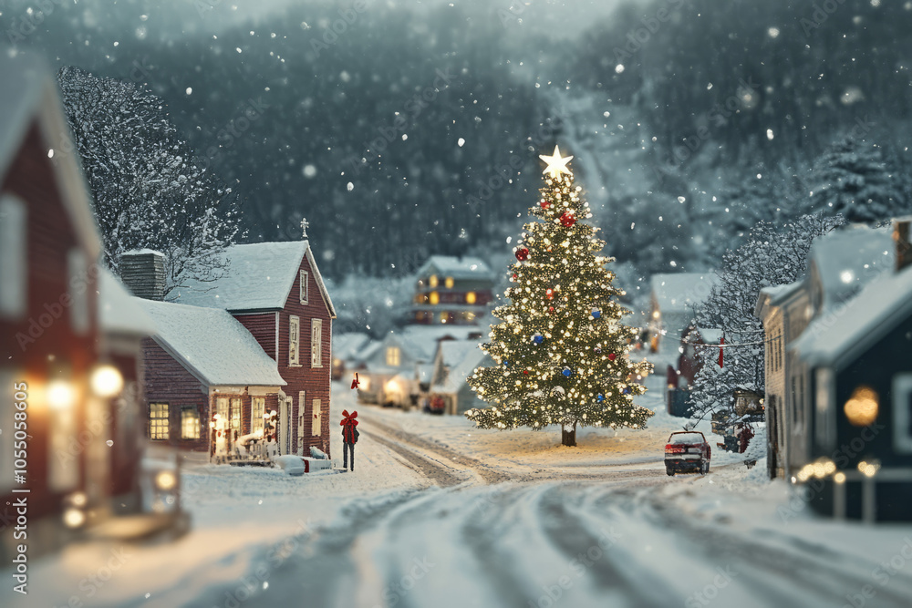 Small town Christmas card Main Street midwestern all-American town quaint snowy winter hometown with cars big illuminated Christmas tree Small town Christmas card Main Street midwestern all-American town quaint snowy winter hometown with cars big illuminated Christmas tree