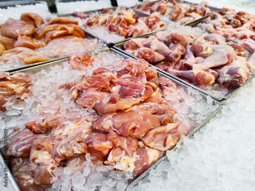 Fresh chickens displayed on ice in a supermarket. Perfect for roasting or grilling, ensures quality and freshness. Ideal for advertising, menus, or culinary blogs, highlighting premium meat Fresh chickens displayed on ice in a supermarket. Perfect for roasting or grilling, ensures quality and freshness. Ideal for advertising, menus, or culinary blogs, highlighting premium meat