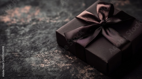 A small, elegant gift box with a velvet ribbon, resting on an abstract background featuring soft, blurred lights. photo