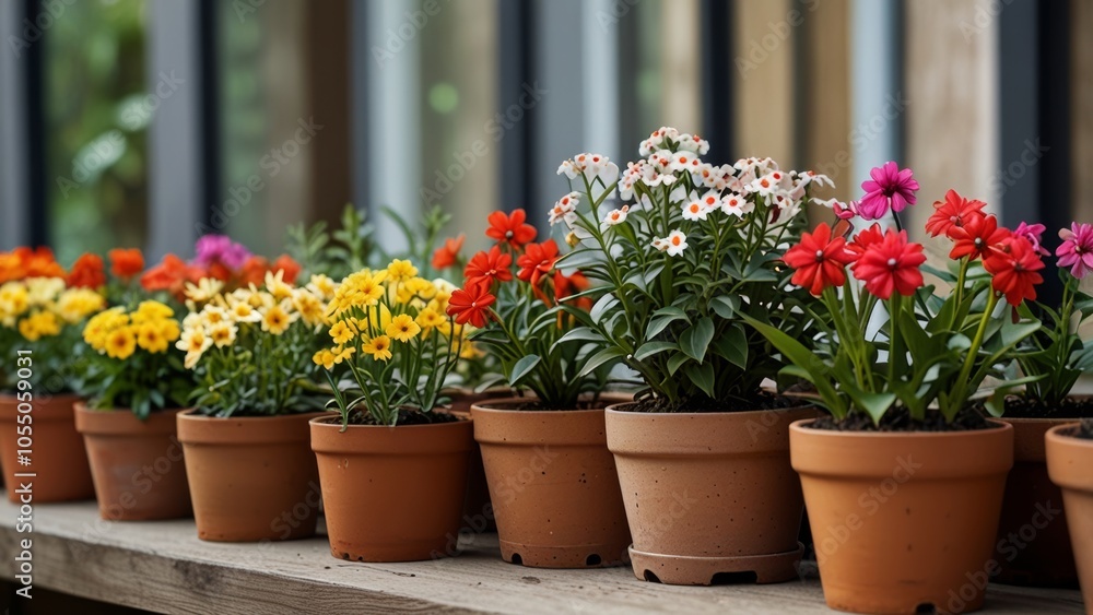 House flowers on a shelf in colorful pots bring brightness and life to any interior space. The varied shades of the pots complement the natural beauty of the plants, creating an attractive composition House flowers on a shelf in colorful pots bring brightness and life to any interior space. The varied shades of the pots complement the natural beauty of the plants, creating an attractive composition