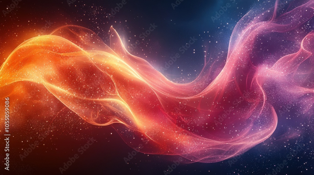 Colorful abstract light waves gently flowing in a dark cosmic background with shimmering particles captured during a nighttime digital art creation Colorful abstract light waves gently flowing in a dark cosmic background with shimmering particles captured during a nighttime digital art creation