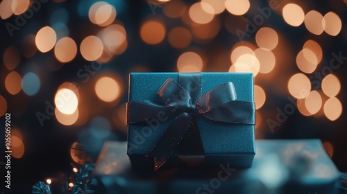 A small, elegant gift box with a velvet ribbon, resting on an abstract background featuring soft, blurred lights. photo