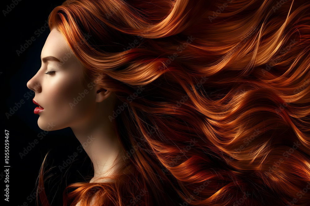 A striking profile of a woman with flowing, glossy red hair, ideal for beauty advertising, promoting hair care products, salon marketing, or editorial features in fashion and beauty magazines. A striking profile of a woman with flowing, glossy red hair, ideal for beauty advertising, promoting hair care products, salon marketing, or editorial features in fashion and beauty magazines.