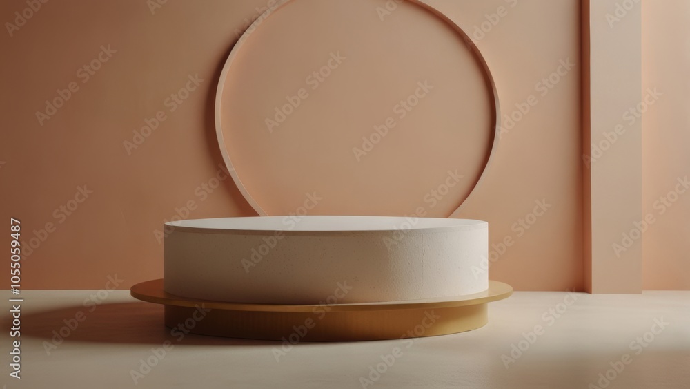 White round pedestal in golden plate on peach background for product display White round pedestal in golden plate on peach background for product display