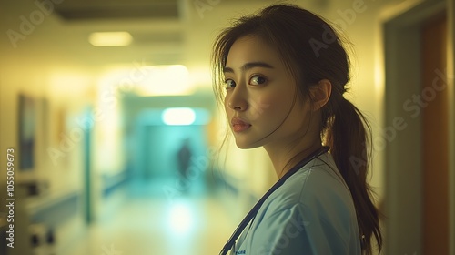 A Young Woman in Medical Scrubs Stands in a Hospital Corridor