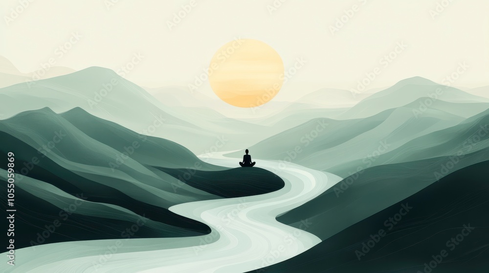 Serene landscape with a meditating figure. Serene landscape with a meditating figure.