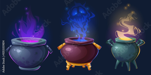 Magic cauldrons with mysterious glowing potion and smoke. Halloween pots made from dark metal with mystical purple flames, ghostly blue spirit, enchanted yellow vapor. Spooky gaming interface asset.