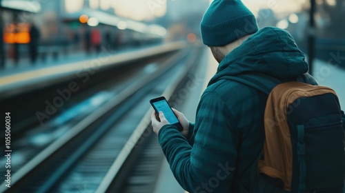 The image depicts a commuter dressed in winter clothing standing on an urban train platform and checking his mobile device likely accessing social media feeds as he waits for the arrival of a train