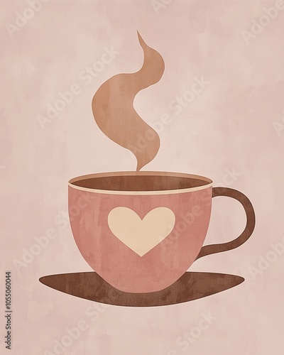 Clipart flat art style icon of a cozy cup of love, coffee cup with a heart-shaped foam design, in soft pastel pinks and browns with steam rising in a whimsical style2  photo