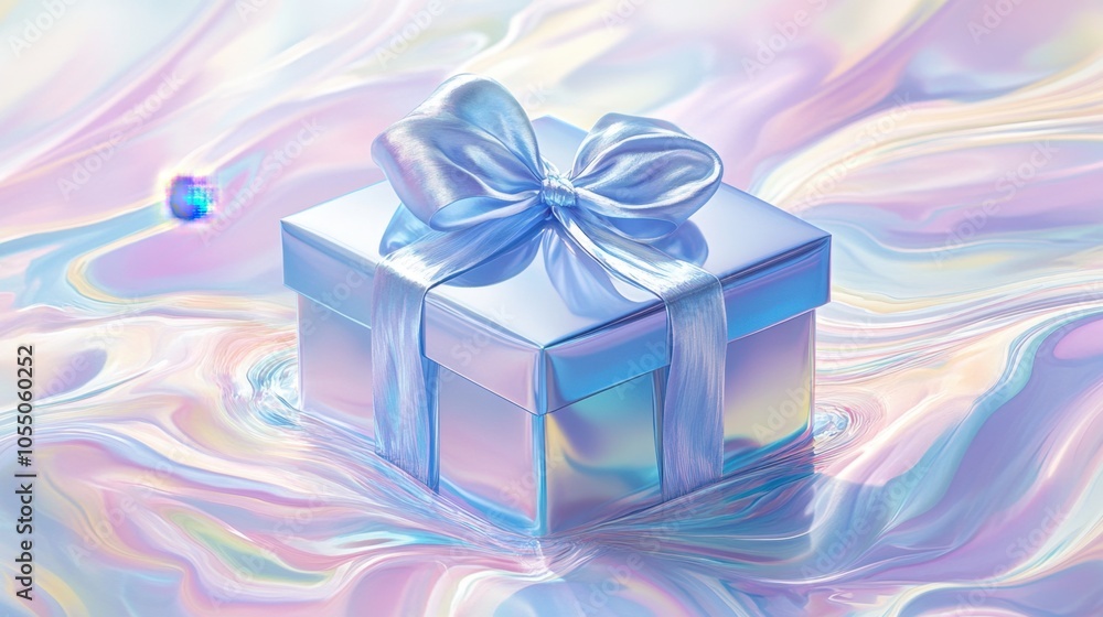 A stunning blue gift box with a satin bow, set against an abstract background of soft, swirling pastel hues. A stunning blue gift box with a satin bow, set against an abstract background of soft, swirling pastel hues.