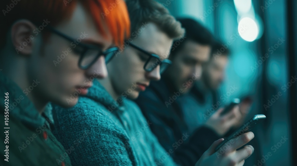 Fototapeta premium A group of friends sitting together at a cafe all deeply engrossed in their mobile phone screens showcasing the modern urban social scene with a deep depth of field effect