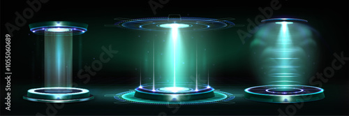 3d light hologram podium for game. Tech portal with blue neon glow. Sci fi hud abstract design for casino show with vortex beam. Fantasy vr teleport technology vector. Virtual cyber energy pedestal