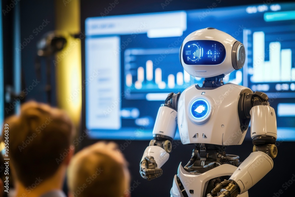Robot presenting data on a digital display. Robot presenting data on a digital display.