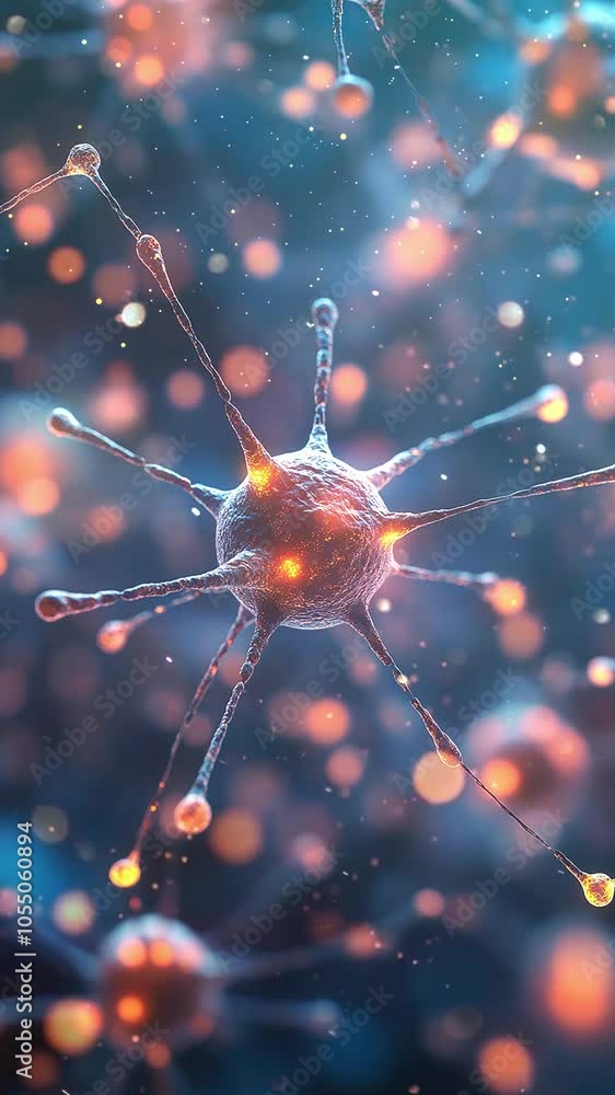 Background. Seamless looping motion design. Video animation. Abstract Visualization of Neural Connection in Digital Space. A close-up abstract depiction of a neuron cell with glowing connections Background. Seamless looping motion design. Video animation. Abstract Visualization of Neural Connection in Digital Space. A close-up abstract depiction of a neuron cell with glowing connections