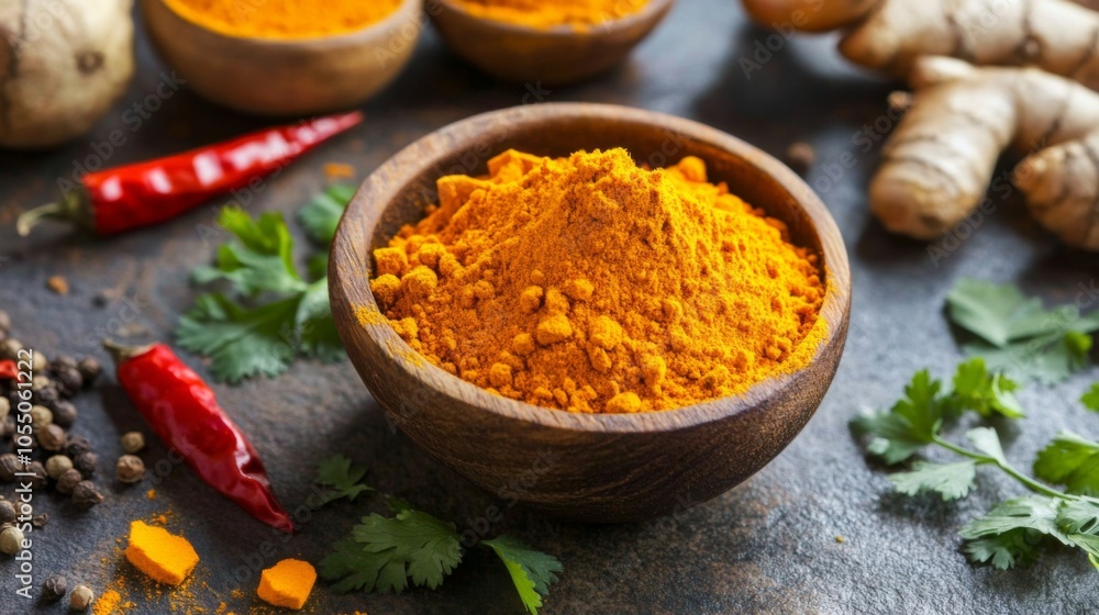 Fresh Turmeric and Chili Spices on Rustic Kitchen Counter Fresh Turmeric and Chili Spices on Rustic Kitchen Counter