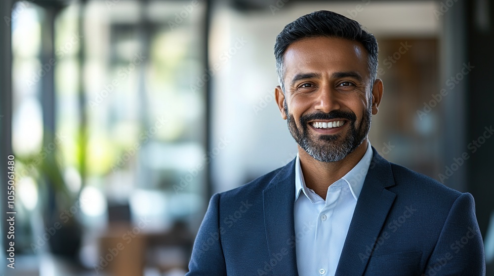 Professional Man Smiling in Modern Office Setting Professional Man Smiling in Modern Office Setting